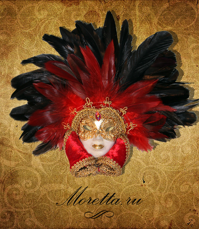 маска миниатюра с чёрно-красными перьями и золотым декором